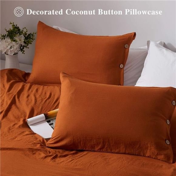 Queen Size Duvet Cover Set with Buttons Closure Umber, 3 Pieces Solid Color - Picture 6 of 6
